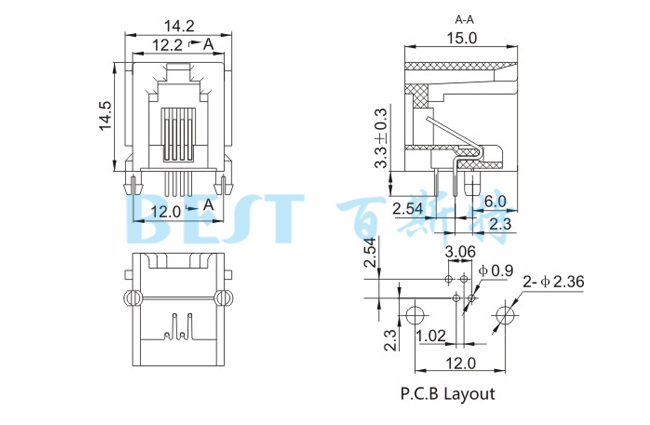 RJ45插座5523 4P4C-E 参考图纸