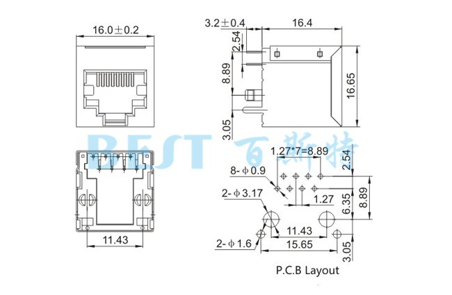 RJ45插座5224S 8P8C F3.05 1x1参考图纸