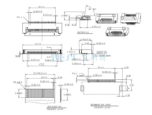 FPC连接器0.5K-DX-NPWB H=1.5参考图纸